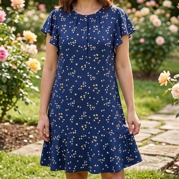 Tommy Hilfiger Dresses & Skirts - Tommy Hilfiger Floral Flutter Sleeve Ruffle Hem Shift Dress Navy Blue M Preppy